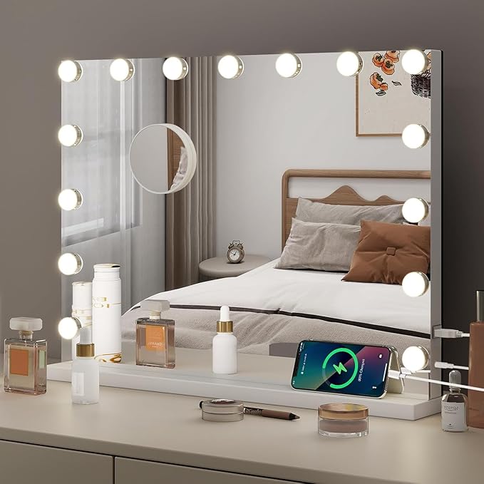Hollywood Vanity Mirror with Lights, 58×45m Large Lighted Makeup Mirror with 15 Dimmable LED Bulbs, Touchscreen Control, USB Output Port Tabletop or Wall Mounted Light Up Mirror For Bedroom
