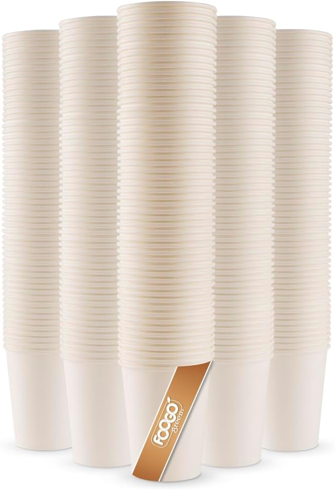 FOOGO Green 100pcs 8oz Disposable Strong Single-Wall White Paper Coffee Cups, FSC® Certified, Fully Compostable, Takeaway, Paper Cups for Hot Drinks, Parties, Eco-Friendly