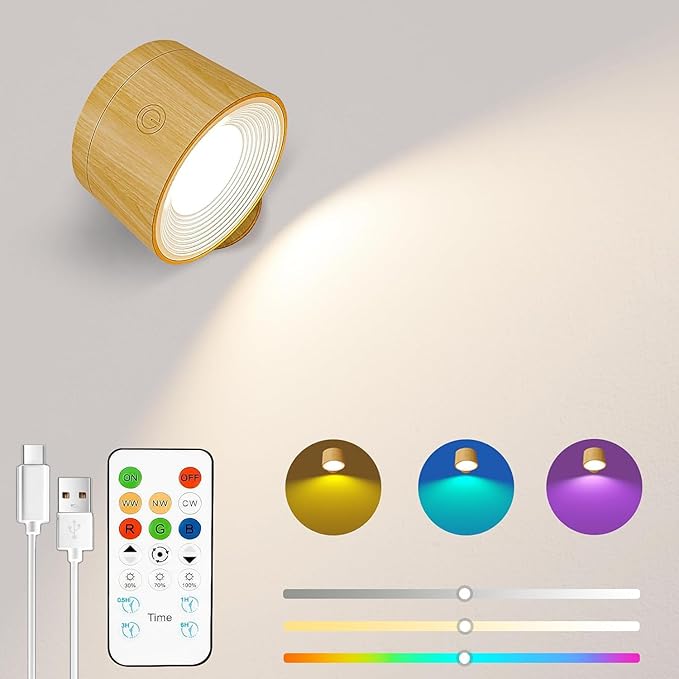 Battery Operated Wall Lights Wood Grain, Rechargeable Wall Lights Indoor, 3500mAh Magnetic Wall Lamp with Remote, 3 Color Temperatures & 13 RGB & Dimmable 360° Free Rotation Wall Sconces[Energy Class A]