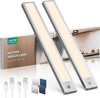 Under Cabinet Kitchen Lights Motion Sensor Dimmable 21cm 1500mAh 4000K LED Under Counter USB-C Rechargeable Wardrobe Sensor Indoor Night Lights for Kitchen Shelf Stairs Closet 2 Pack
