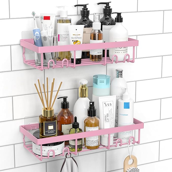 Shower Caddy Shelf Organiser 2 Pack, No Drill Pink Shower Shelves,Self Adhesive Bathroom Storage Accessories