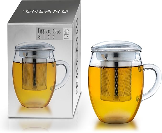 Creano Tea Glass with Stainless Steel Infuser and Lid 400ml - Large Tea Cup - Microwave & Dishwasher Safe - Loose Leaf Tea Maker Gift Set