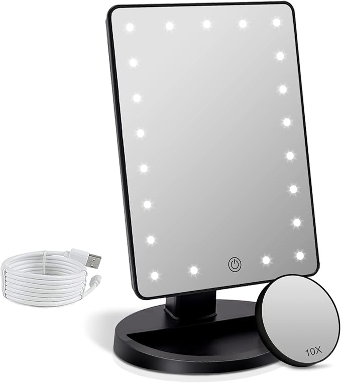 FASCINATE Makeup Vanity Mirror with Lights, Lighted Makeup Mirror with Detachable 10X Magnification, 21 Led Dimming Touch Sensor, Dual Power Supply, 180° Rotation, Portable Cosmetic Mirror