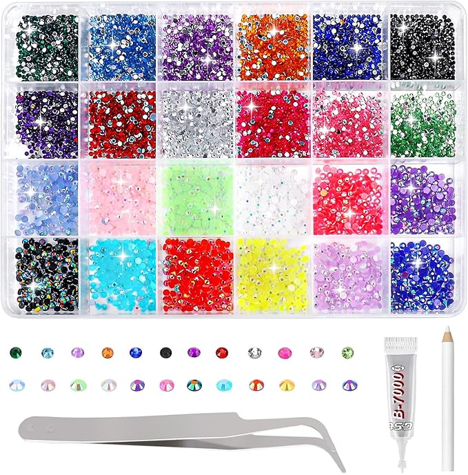 Resin Rhinestones Kits, 24 Colours 2mm and 3mm Flatback Round Rhinestones with 1 Tweezers Glue Pen, Bedazzling Kit Non Hotfix Crystal Gems for Nail DIY Crafts Face Tumblers Mugs