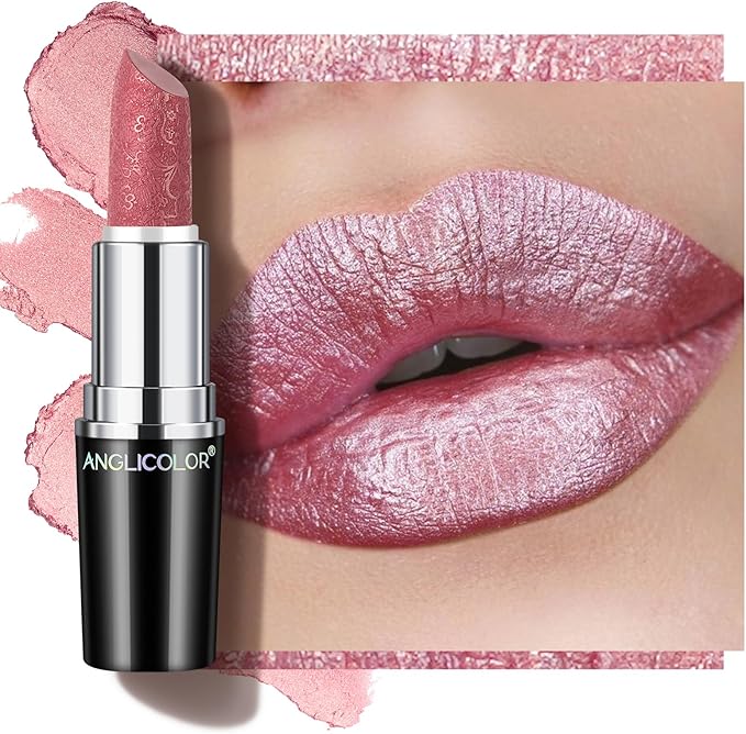 Anglicolor Metallic Glitter Pink Lipstick,High Impact Shimmer Lipcolor,Long-Lasting Moisturising,Lightweight Hydrating Creamy Formula Smooth and Non-Sticky,Lipstick For Women(11 HIP & HIPPIE, 4g)