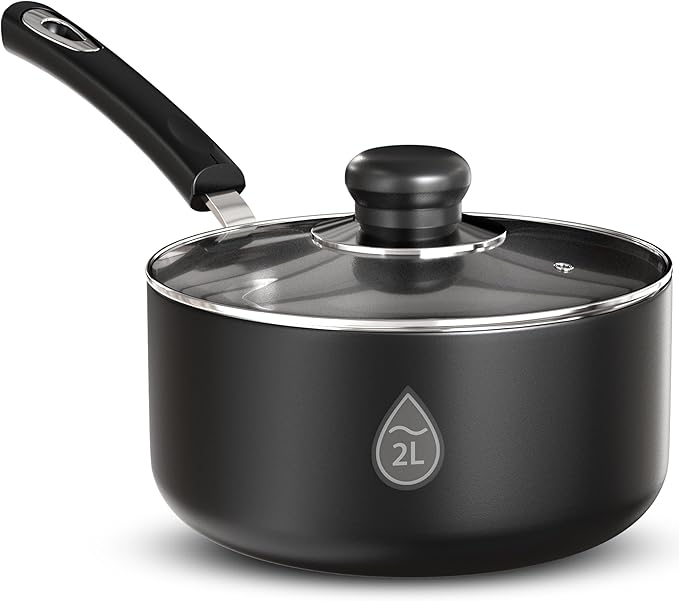 KICHLY 18 cm, 2Ltr Nonstick Saucepan with Glass Lid, Multipurpose Induction Pot for Home, Kitchen or Restaurant, Milk Pan, 18cm, 2L, Induction, Black, 1 Piece