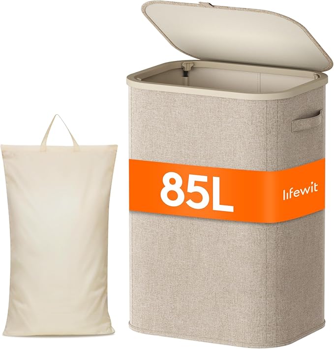 Lifewit 85L Laundry Basket with Lid, Large Laundry Hamper with Plastic Handles and Removable Bag, Foldable Tall Dirty Clothes Hampers for Laundry for Laundry Room, Bedroom, Bathroom, Dorm, Beige