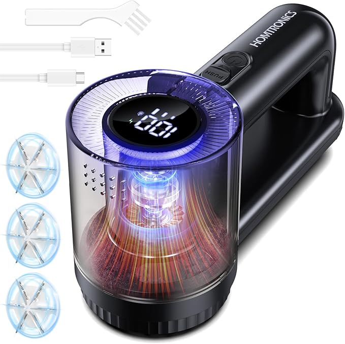 Electric Lint Remover, 2000mAh Rechargeable Bobble Shaver for Clothes and Furniture, Adjustable 3-Speed, 6-Leaf Blade, LED Display, Quick and Effective Removal of Pills and Bobbles (Black)