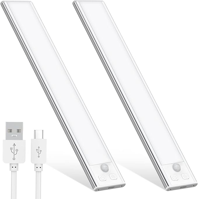 OUILA Under Cabinet Kitchen Lights, 64 LED [2 Pack] Cold White Motion Sensor Lights Indoor Stepless Dimming, 1000mAh USB-C Rechargeable LED Lights for Cupboard, Kitchen[Energy Class A]