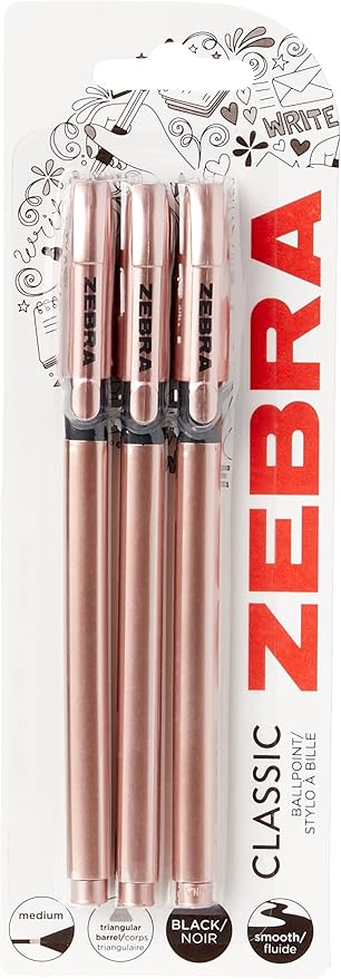 Zebra Pen Z Grip Black Pens Ballpoint, Super Trendy Rose Gold Ballpoint Pens With Triangular Barrel, Black Ink, Reliable Black Biro Multipack For Everyday Use - Medium Point, 3 pk