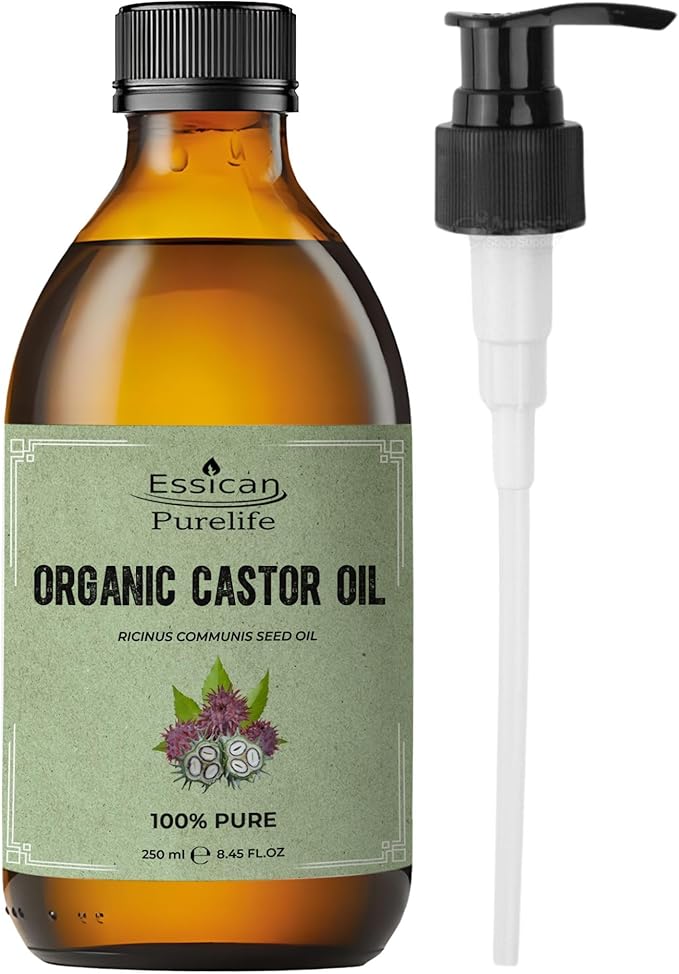 Essican Purelife Castor Oil Organic Hexane Free Glass Bottle with Pump 250ml (Pack of 1)- Pure Organic Castor Oil Cold Pressed Natural for Healthy Skin Face Body Eyelashes Brow Hair Growth Vitamin E