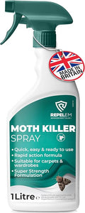 1L Moth Killer Spray - Fast Acting Moth Repellent & Insect Killer, Kills Moths at all Life Stages, Professional Strength Permethrin Spray, Large Clothes & Carpet Moth Treatment