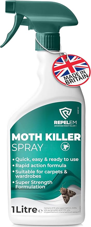 1L Moth Killer Spray - Fast Acting Moth Repellent & Insect Killer, Kills Moths at all Life Stages, Professional Strength Permethrin Spray, Large Clothes & Carpet Moth Treatment