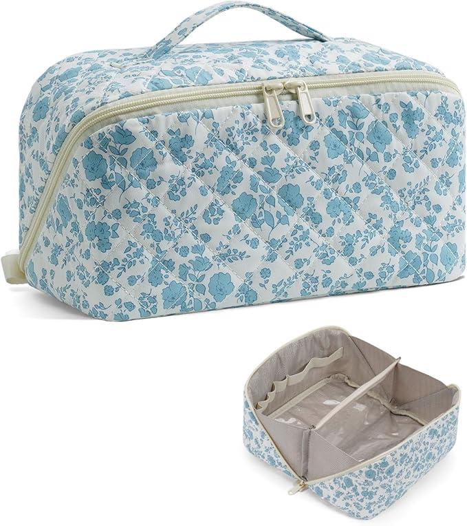 Travel Makeup Bag Large Capacity Cosmetic Bag for Women Portable Make up Bag with Clear Divider and Brush Compartment