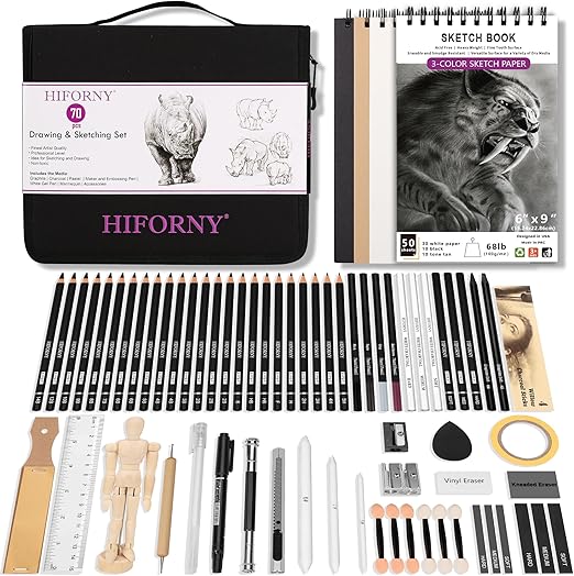 HIFORNY 70 Pcs Drawing Set Sketching Kit - Sketch Pencils Art Supplies for Adults Artists with 3-Color Sketchbook,Graphite,Pastel,Charcoal Pencils,Blending Tools