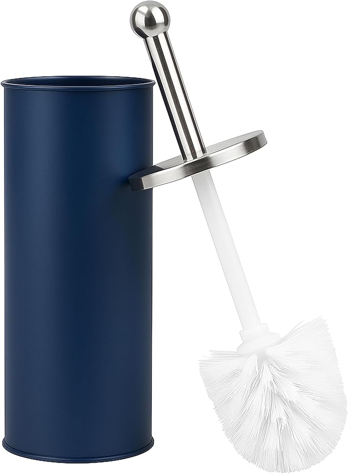 Bristles Premium Toilet Brush & Holder Set – Compact Round Lid Design with Dense Bristles, Stainless Steel Handle & Inner Drip Cup – Durable Bathroom Cleaning Solution (Blue)