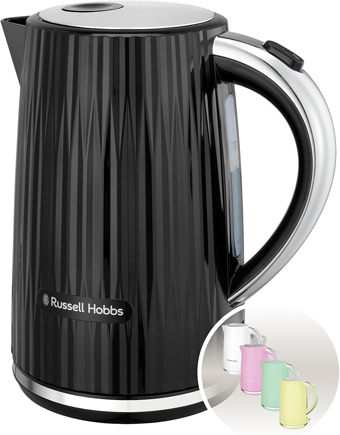 Russell Hobbs Electric Kettle (Hot Water, Tea or Coffee, 1.7L, Push to open lid, Perfect pour spout, Removable washable filter, Illuminated switch, Chrome accents, Black, 3000W) Eden 27361