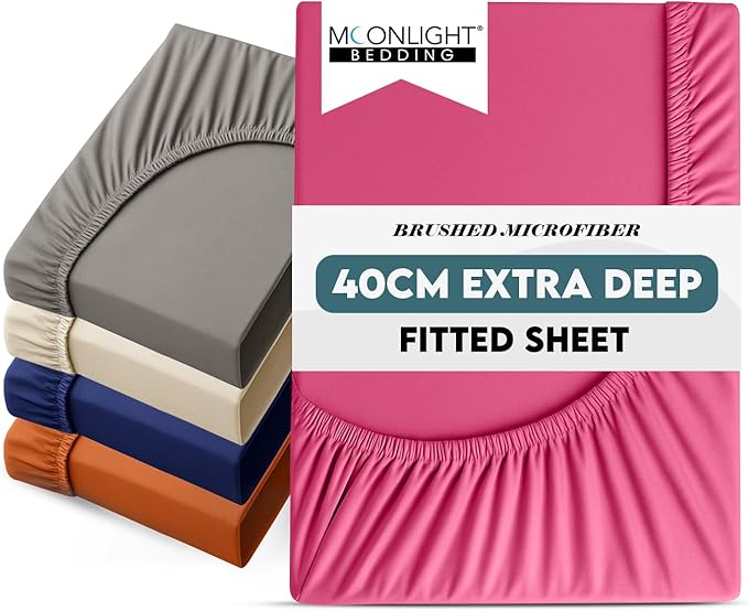 Moonlight Bedding Fitted Sheet 40 Cm Extra Deep Pocket Bed Sheets 16 inch Ultra Soft Bottom Sheet Brushed Microfiber Breathable Shrinkage and Fade Resistant (Hot Pink, Double)