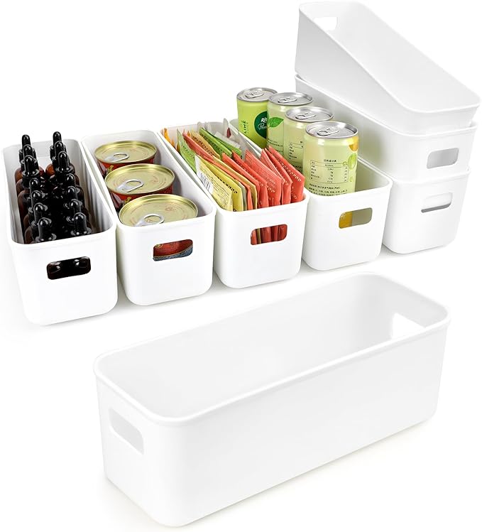 8 pack Narrow Storage Box, Plastic Storage Baskets for Shelves, Slim Kitchen Cupboard Organiser Storage Boxes for Bathroom Cabinet, Drawers, Desktop Organisation, 10 cm Wide Rectangle,White