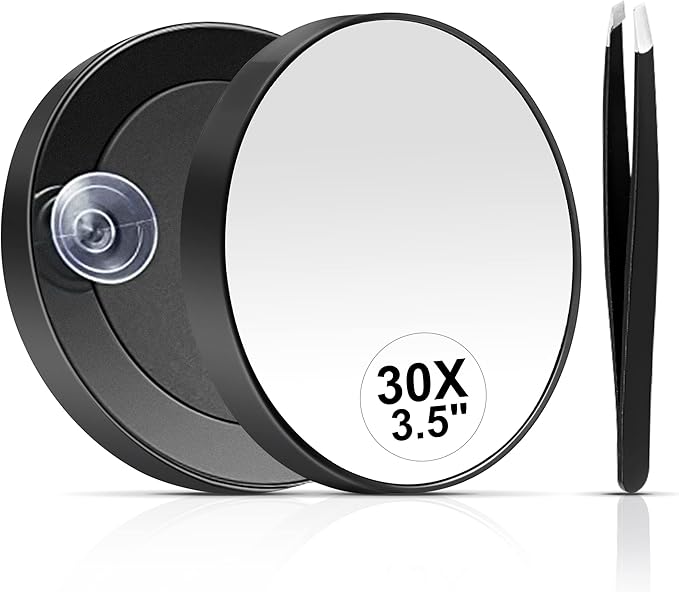MIYADIVA 30X Magnifying Mirror, Small Magnifying Mirror with Suction Cup and Tweezers, As a Travel Essentials, Compact Mirror Set for Plucking Eyebrows 3.5 Inches