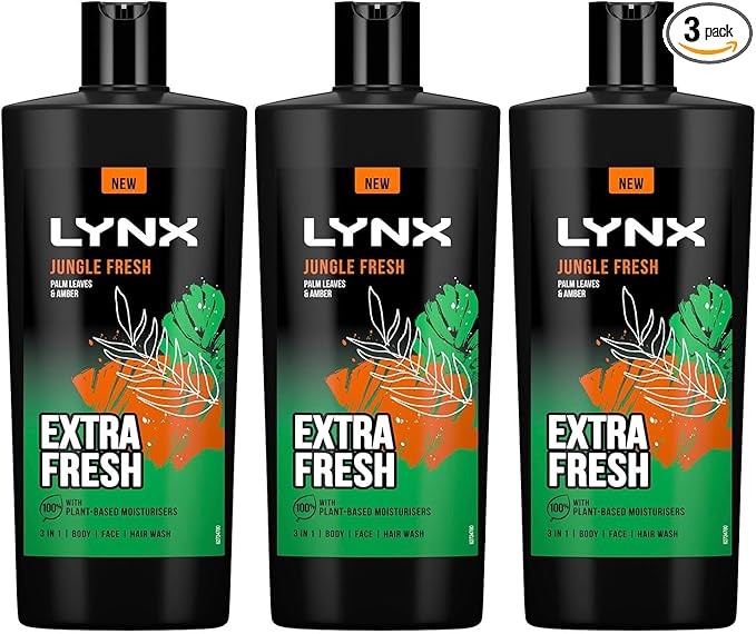 Lynx 3-in-1 Shower Gel Jungle Fresh 12 Hours of Long Lasting Refreshing Fragrance Body Wash with Plant-Based Moisturisers for Men for Naturally Soft Skin, 700ml Pack of 3