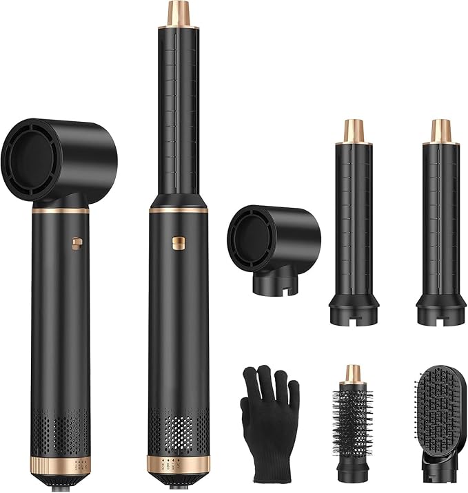 Hair Dryer Brush, 5-in-1 Hot Air Brush, Blow Dryer & Styler with Detachable Heads (Curling Wand, Volumizing Brush, Straightener, Curler), Travel Hairdryers Lightweight for Women & Men(Black)
