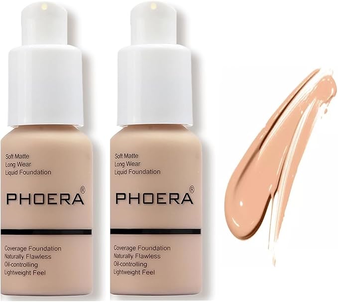 Aquapurity Phoera® Full Coverage Foundation Soft Matte Oil Control Concealer 30ml Long Lasting Flawless Cream Smooth (2 PCS 103 WARM PEACH)