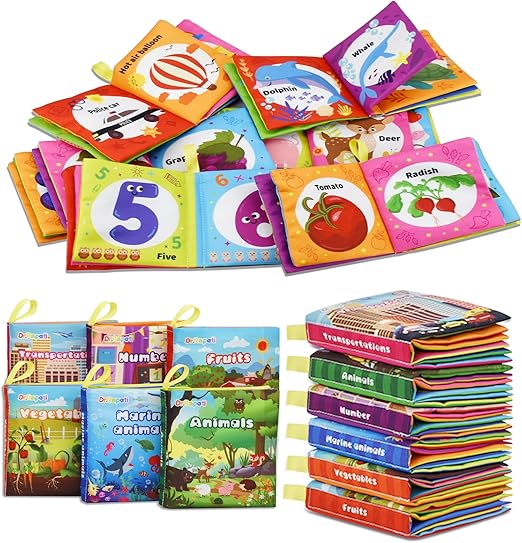 Dr.Rapeti 6 Pack Soft Books, Crinkle Sensory Toy, Bath Book, Washable Nontoxic Educational Learning Toy for Baby Infant Toddler Kids