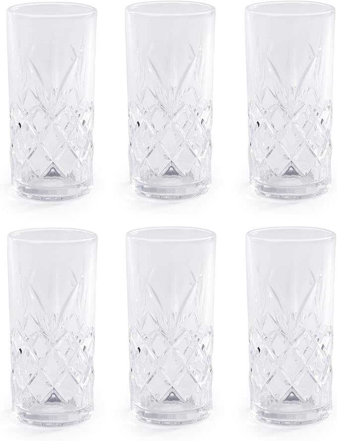 350ml Crystallised Glasses - Set of 6 | Highball Hi Ball Tumblers | Crystal Drinking Glasses | For Cocktails & Soft Drinks | Vintage Glassware | M&W