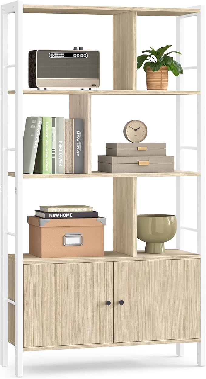 VASAGLE Bookshelf, Storage Shelf, Large Bookcase with Doors, 4 Shelves, Stable Steel Structure, Modern Style, for Living Room, Office, Natural Beige and Cloud White LBC022LL01