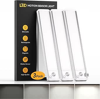 Under Cabinet Kitchen Lights 3 Pack - 6000K LED Motion Sensor Lights Indoor, 1100mAh Rechargeable Light, Dimmable & Magnetic Wireless Under Counter Lights for Cupboard|Shelf|Wardrobe|Stairs, 20CM[Energy Class G]