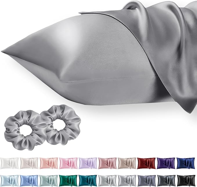 Vielit Standard Satin Pillowcase for Hair 2pc,Similar to Silk Pillow Cases,Easier Care Than Silk Pillowcase,Gifts for Women Men,Grey,20x26 & Envelope Closure and 2 Satin Scrunchies