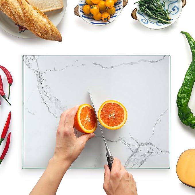 Glass Chopping Board 40x30cm : Tempered Glass Worktop Savers for Kitchens, Durable, Scratch-Resistant, Heat-Proof - White Marble Design