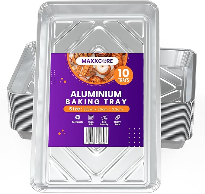 10-Pack Disposable Aluminum Foil Baking Trays - Food Storage Catering Aluminum Foil Tray - Containers for Meal Prep, Cooking, Baking, Roasting, BBQ, Freezer Storage - 32cm x 20cm x 3.3cm