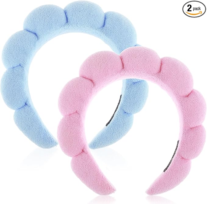 Spa Headbands for Women, Set of 2 Sponge Headband for Washing Face or Facial, Skincare Headband Makeup Headbands for Women Terry Towel Cloth Fabric Puffy Shower Hair Accessory(Pink, Blue)