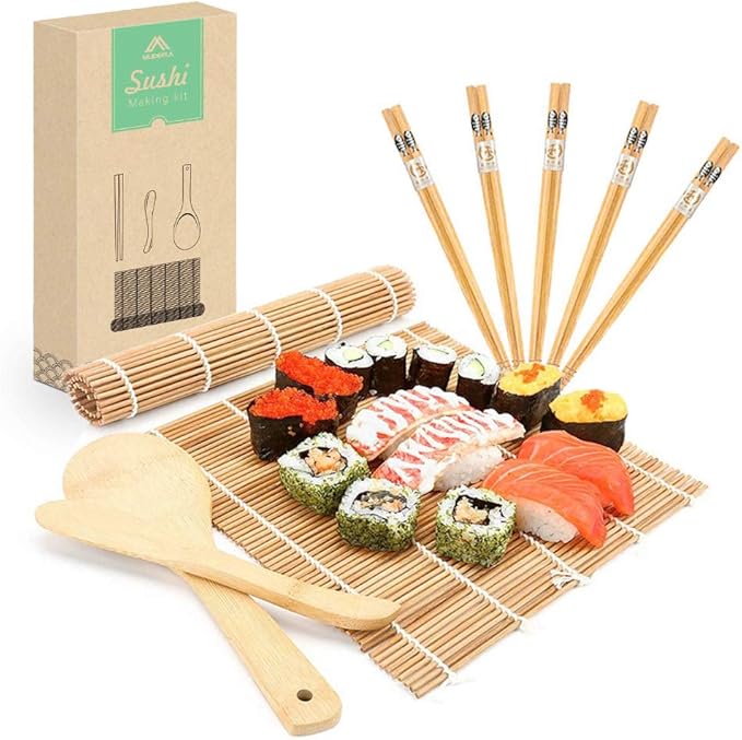 MUDEELA Bamboo Sushi Rolling Mat, Sushi Making Kit 9 Pcs, Beginner Sushi Mat, Includes 2 Rolling Mats, 5 Pairs Chopsticks, Paddle, Spreader, Beginner's Guide (PDF), Roll On, Sushi Maker Kit