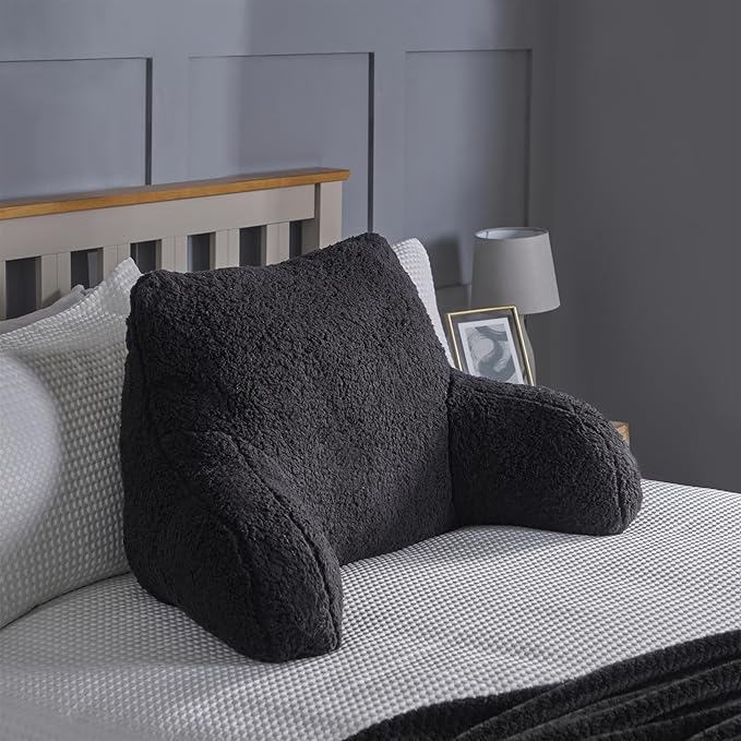 OHS Reading Pillow for Bed Adult, Teddy Fleece Cuddle Cushion Gaming Soft Cosy Supportive Fleece Pillow with Arms Snuggle Hug Relaxing at Home - Black