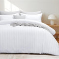 Double Duvet Set - Satin Stripes Bedding Double Bed Set with 2 Pillowcases, Ultrasoft Reversible Duvet Cover with Zipper Closure, White (200x200)