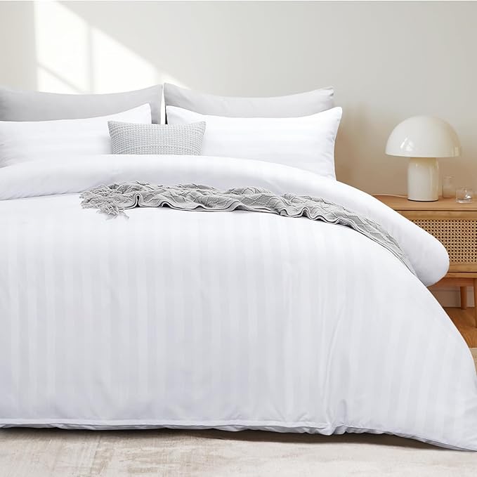 Double Duvet Set - Satin Stripes Bedding Double Bed Set with 2 Pillowcases, Ultrasoft Reversible Duvet Cover with Zipper Closure, White (200x200)