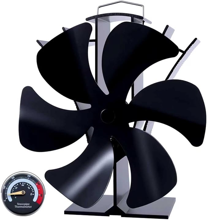 Tomersun Log Burner Stove Fan 6 Blades with Thermometer Woodburning Heat Powered Fire Fans for Fireplace/Wood Burning Stove/Log Burner