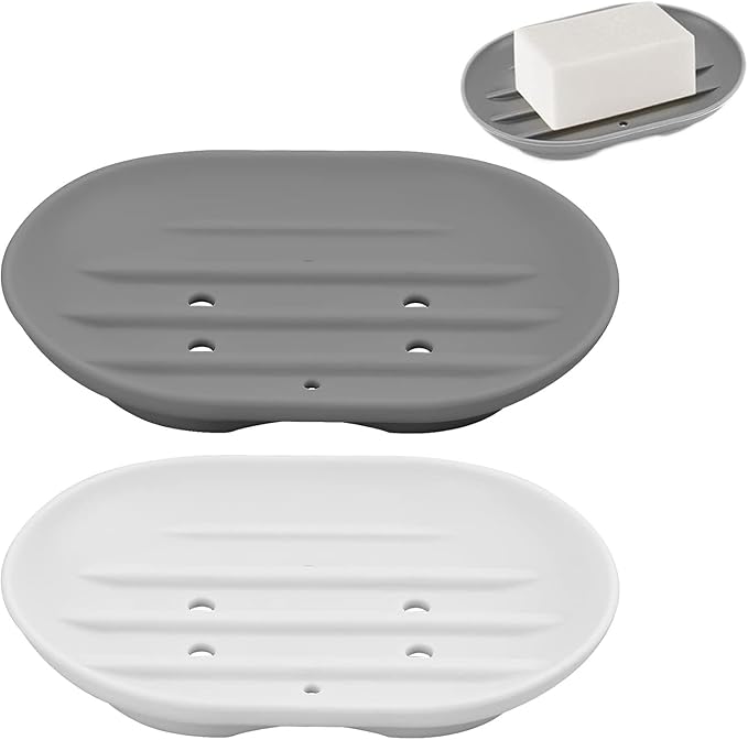 2PCS Silicone Soap Dish, Anti-Slip Soap Holder Flexible, Non-slip and Portable Shower Soap Box, Self Draining Shower Soap Dish for Shower, Bathroom, Kitchen Sponges, Easy Cleaning