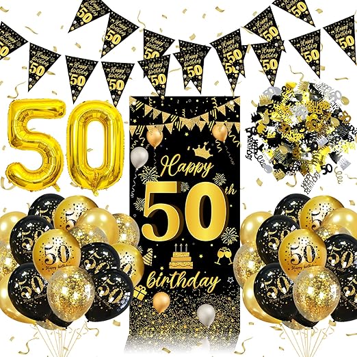 50th Birthday Decorations for Women Men, 50th Birthday Balloons Black Gold with 50 Balloons, Triangle Flag Banner, Banner | 50 Year Old Party Supplies Decor