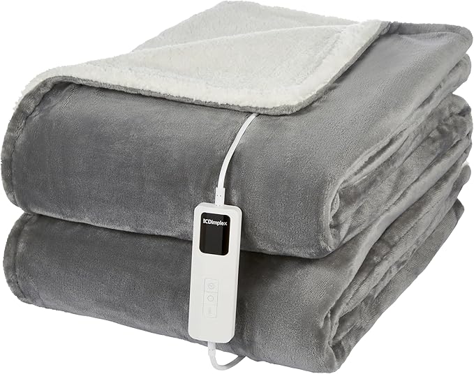 Dimplex Electric Throw Blanket - Extra Soft Fleece & Sherpa, Large 180 x 130cm, 9 Hour Timer, Auto Shut-Off Safety, Ideal for Sofa & Bed - (Grey/White)