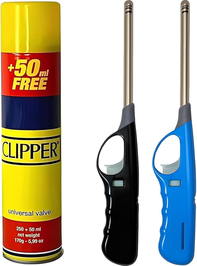 BML 2 x Candle Lighters Long Reach Adjustable Flame Safety Lock Windproof Refillable for Kitchen BBQ Candles Camping Gas Stove Outdoor Cooking with Clipper 300ml Gas Canister (Assorted Colours)