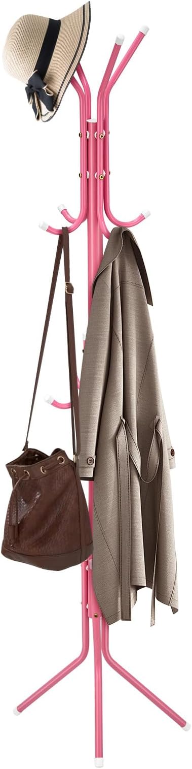 Coat Stand with 12 Hooks Coat Rack 3 Tier Freestanding Metal Hanger hat stand Multifunctional Handbag Jacket Umbrella Hanging Organiser for Homes Office Entryway Hallway pink 175CM