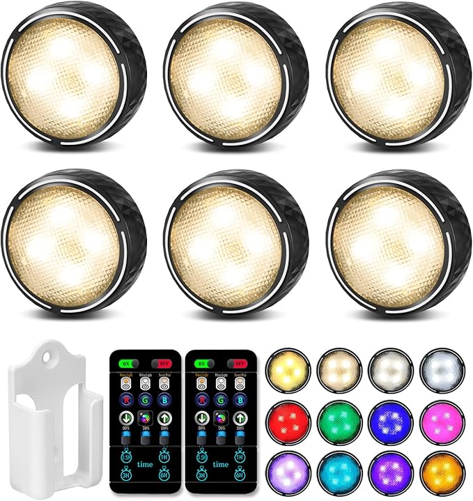 Onumii Under Cupboard Kitchen Lights Battery Operated LED Under Cabinet Lighting, Stick on Wardrobe Lights Under Counter with Remote Control, RGB Puck Light, 6 Pack - Black[Energy Class F]