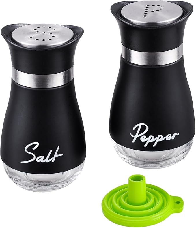 Stainless Steel Salt and Pepper Shakers Set with Glass Bottle,Salt Shaker with Glass Bottle, Salt and Pepper Shakers Set Kitchen Accessories for Home, Dining Table, Kitchen, Restaurant (Black)