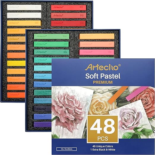 Artecho Soft Pastel Set of 48, Including 4 Fluorescent colors Premium Square Chalk for Drawing, Blending, Layering, Shading, Art Supplies for Kids, Beginners, Students, Experienced Artists