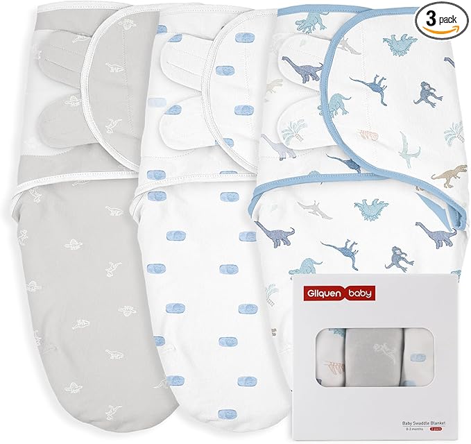 GLLQUEN BABY Baby Swaddle Wraps for 0-3 Months Newborn,Oeko-tex100,100% Breathable Organic Cotton Fabric Swadding Blankets,3 Pack(Dinosaur Land)