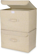 Collapsible Storage Box with Lid, Pack of 2, Wardrobe Organiser Boxes with Handle Large Linen Fabric Baskets for Shelves, Bedroom, Office, Clothes, Beige Yellow